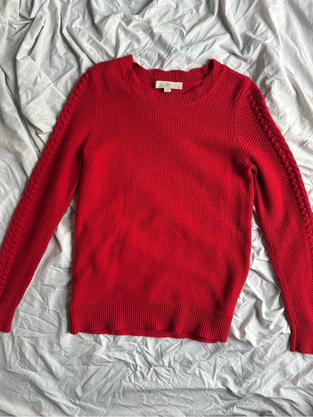 LOFT Bright Red Textured Crewneck 100% cotton Sweater